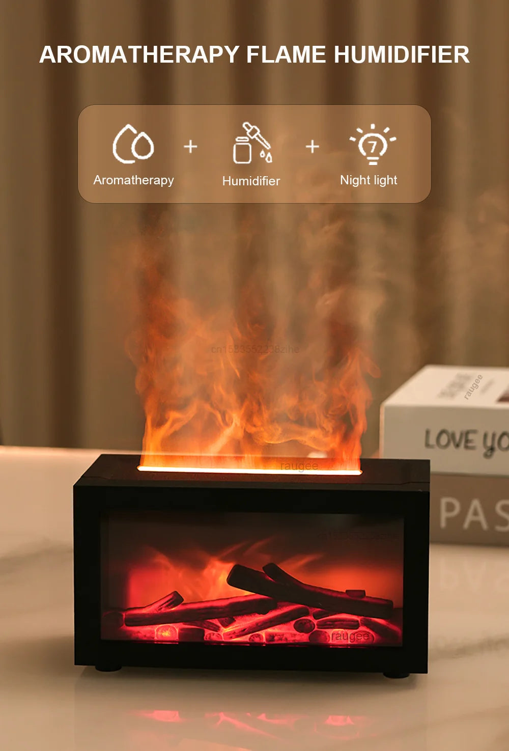 Air Aroma Humidifier Essential Oil Diffuser Mini Fireplace Flame Humidifier Home Aromatherapy Fragrance Diffuser with LED Night