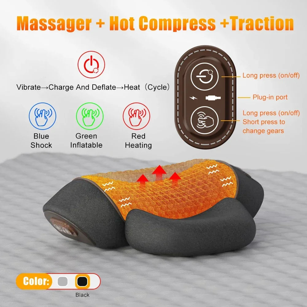 3-in-1 Neck Massager Pillow with Heat, Deep Tissue Relief & Neck Traction, Cervical Support & Hump Corrector for Women and Men, Memory Foam Support for Pain Relief Deep Tissue
