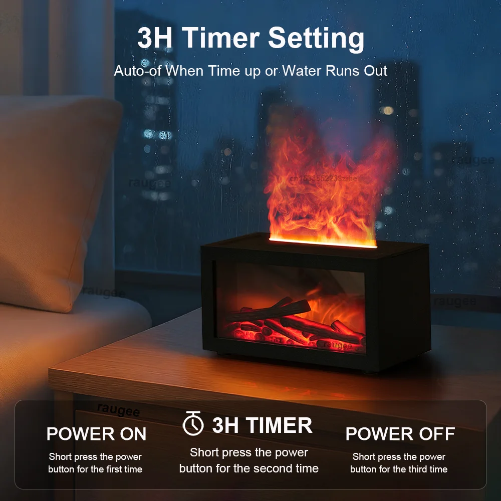 Air Aroma Humidifier Essential Oil Diffuser Mini Fireplace Flame Humidifier Home Aromatherapy Fragrance Diffuser with LED Night