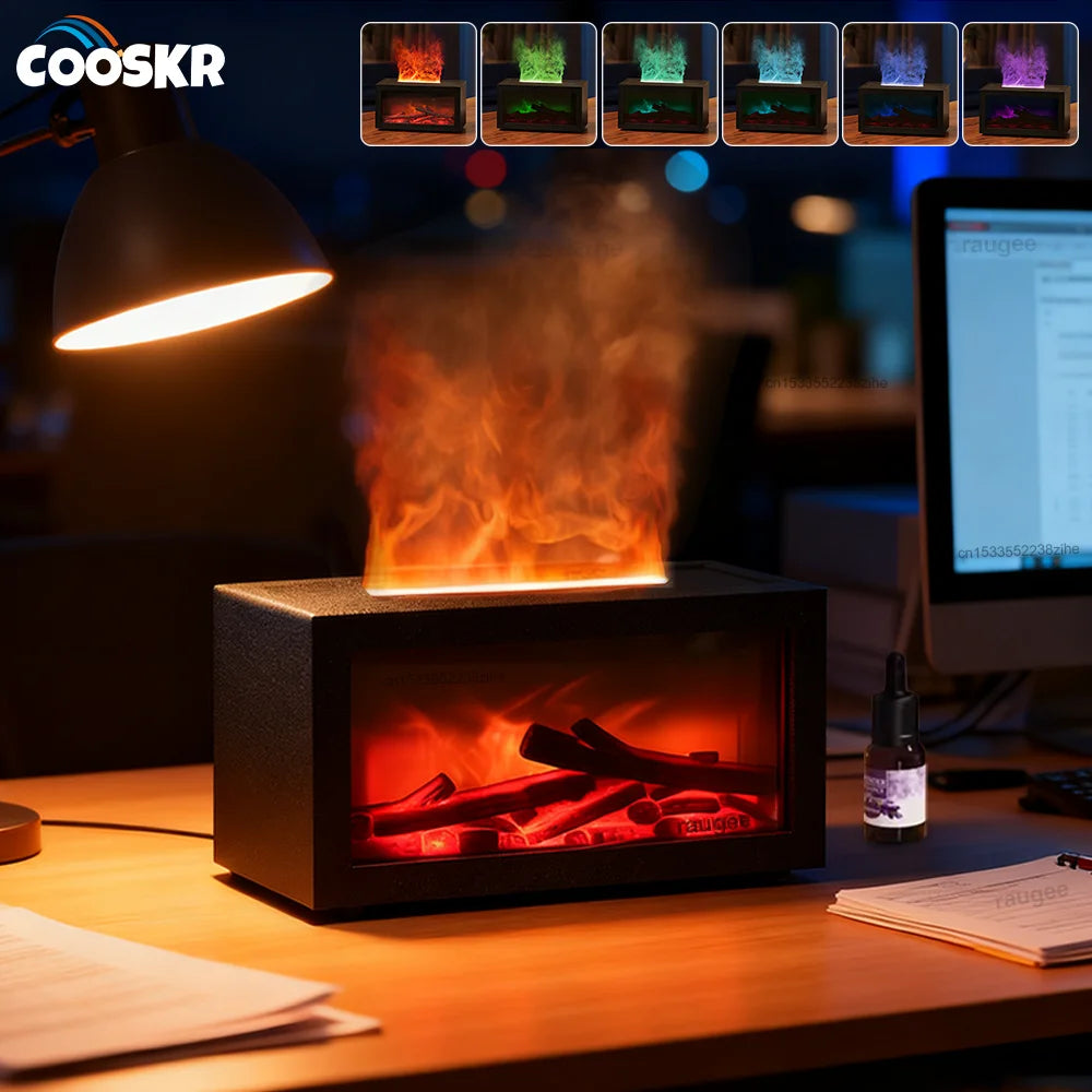 Air Aroma Humidifier Essential Oil Diffuser Mini Fireplace Flame Humidifier Home Aromatherapy Fragrance Diffuser with LED Night